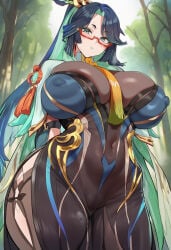 ? ai_generated arms_behind_back black_hair blush bodysuit closed_mouth cloud_retainer_(genshin_impact) curvy erect_nipples female fringe genshin_impact glasses green_eyes green_hair green_lipstick hi_res hips hoyoverse large_breasts light_skin lipstick looking_at_viewer mature_female mihoyo navel nipples_visible_through_clothing outside phantomtobi ponytail pose standing suit sweatdrop voluptuous xianyun_(genshin_impact) younger_female