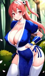 ai_generated big_sister cleavage cosplay dead_or_alive female forest honoka_(doa) huge_breasts kasumi_(doa) kasumi_(doa)_(cosplay) koei_tecmo long_hair nature no_bra no_panties no_underwear one_side_up onee-chan pink_hair pixai red_eyes revealing_clothes side_ponytail silf smile solo tagme tecmo thighhighs