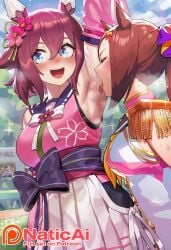 2girls absurdres ai_generated animal_ears arm_behind_head armpit_fetish armpits arms_up bakushin_o_armpit_gif_(meme) brown_hair ear_ribbon female frown hair_ribbon hairband highres horse_ears horse_girl horse_tail licking_armpit long_bangs long_hair naticai ponytail purple_eyes purple_ribbon ribbon sailor_collar sakura_bakushin_o_(umamusume) sakura_chiyono_o_(umamusume) shirt sleeveless sleeveless_shirt solo standing steam steaming_body stretching sweat sweaty tail umamusume umamusume_pretty_derby yuri