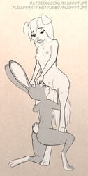 anthro ass black_and_white bodily_fluids breasts canid canine canis disney domestic_dog female flat_chest fluffytuft hi_res judy_hopps lagomorph leporid mammal nipples nude open_mouth pussy rabbit remi_(fluffytuft) sketch small_breasts spread_legs spreading yuri zootopia