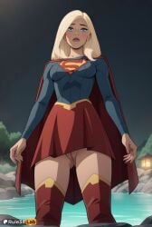 1girls ai_generated artist_name ass_visible_through_thighs blonde_hair blue_eyes blue_shirt breasts cape cleft_of_venus dc dc_comics female from_below hi_res kara_danvers kara_zor-el legion_of_superheroes lips long_hair long_sleeves looking_at_viewer medium_breasts night no_panties outdoors pleated_skirt pussy red_cape red_skirt red_thighhighs rock rule34lab shirt skirt solo standing supergirl superhero superman_(series) thighhighs tomorrowverse uncensored water