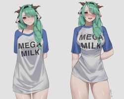 1girls animal_ears bra breasts colored_sclera commentary cow_ears cow_girl cow_horns crelly curvy dice_hair_ornament dummyusagi english_commentary female green_hair grey_eyes grey_sclera hair_ornament heterochromia highres horns indie_virtual_youtuber large_breasts long_hair mega_milk meme mole mole_under_mouth oerba_yun_fang open_mouth pajamas_challenge_(meme) red_eyes see-through_clothes see-through_shirt shirt side_ponytail sweat thighs underwear virtual_youtuber vtuber white_shirt