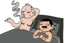 2026 after_sex arm_hair bed bed_sheet bedroom black_hair blue_eyes blush blushing cecil_stedman chest_hair gay gay_male hair invincible invincible_(comics) invincible_(tv_series) light-skinned_male light_skin male male/male male_only mustache no_visible_genitalia pillow scar smoke smoking smoking_cigarette sweat sweatdrop sweating thragg viltrumite white_background white_hair yaoi