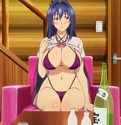 1girls alcohol arm_support bikini blue_hair blush breasts cleavage couch cup curvy drunk erect_nipples hair_between_eyes hair_intakes holding huge_breasts legs long_hair looking_to_the_side maken-ki! maken-ki!_two mature_female navel nijou_aki nipple_bulge older_female one-piece_swimsuit purple_bikini purple_eyes sake screencap screenshot shrug_(clothing) sitting smile swimsuit thighs venus_body very_long_hair voluptuous wide_hips