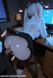 1boy ai_generated arlequin097 ass bent_over black_footwear black_pants black_skirt bra_visible_through_clothes breasts clothed_sex clothes_lift collared_shirt cum cum_in_pussy desk dress_shirt earrings elf english_text erection female frieren frieren_beyond_journey's_end from_behind heart high_heels indoors jewelry keyboard_\\\\\\\\(computer\\\\\\\\) lace-trimmed_legwear large_breasts long_hair long_sleeves monitor night no_panties office office_lady overflow pants penis pointy_ears sex sex_from_behind shirt skirt skirt_lift solo_focus standing straight sweat thighhighs twintails uncensored underwear vaginal_penetration white_hair white_shirt window