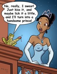 2010 animal_genitalia arm_gloves arms bad_guy_(artist) big_penis black_hair breasts brown_eyes cleavage crown disney disney_prince disney_princess dress english english_text female frog gasp gasping gloves hands human jewelry lips male necklace night night_sky open_mouth outside penis prince_naveen smile smiling speech_bubble star stars teeth text the_princess_and_the_frog tiana tiara tied_hair tongue