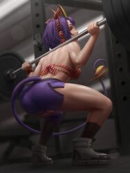 1girls absurdres ass back bare_shoulders black_boots black_socks blurry blurry_background boots bow bra breasts commission demon_tail earbuds earphones earrings exercising female from_behind full_body gym gym_shorts hairbow hashtag-only_commentary highres horns indie_virtual_youtuber indoors jewelry light_particles looking_at_viewer looking_back mature_female medium_breasts milf muscular muscular_female numanoan older_female onigiri_(vtuber) pump purple_hair purple_shorts purple_tail red_bow red_bra short_hair shorts socks solo squat_(exercise) squatting striped_bra striped_clothes sweat tail thick_thighs thighs underwear virtual_youtuber vtuber watch weightlifting weights working_out wristwatch yellow_eyes yellow_horns