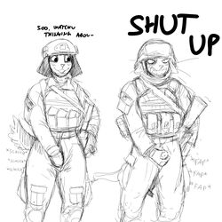 1:1 2019 anthro armor bucky_(hladilnik) canid canine canis clothing dialogue domestic_cat domestic_dog duo english_text felid feline felis female headgear helmet hi_res hladilnik male mammal masturbation military penis samantha_thott simple_background text