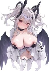 azur_lane bangs black_collar black_gloves black_wings blush breasts breasts_outside choker classic_(zildjian33) cleavage closed_mouth collar collarbone demon_girl demon_wings dress eyebrows_visible_through_hair eyes_visible_through_hair feathered_wings feet_out_of_frame female fingerless_gloves frills gloves hair_between_eyes hair_ornament horns joffre_(azur_lane) large_breasts long_hair long_sleeves looking_at_viewer multiple_wings nipples no_bra no_panties nose_blush open_clothes original pink_eyes purple_eyes red_eyes sidelocks simple_background solo standing thighhighs twintails two_side_up white_background white_dress wide_sleeves wings