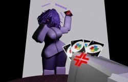 1boy 1girls 3d anger_vein bottomless breasts glasses grim_(slimmi_grimr) jacket looking_at_viewer original_character roblox robloxian slime slime_girl slimmi_grimr tagme thighhighs thighs uno_(game)