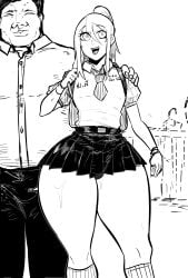 2boys big_thighs black_hair clothed curvy curvy_body curvy_figure femboy feminine_male green_(artist) height_difference huge_thighs long_hair original ponytail school school_uniform shincoconuttsu skirt smaller_male smiling student_and_teacher tagme taller_male ugly_bastard ugly_man white_eyes wide_hips