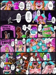 3:4 amusement_park anthro bodily_fluids clown_girl color comic dialogue_bubble earrings english_text enjoying exposed_breasts female_human ferris_wheel furry_female genitals hi_res interspecies looking_at_viewer male_only multicolored_body multicolored_hair nipples oilove original_artwork original_characters roller_coaster sex_toy sweaty_body various_hair_colors watermark