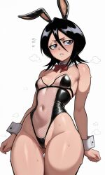 1girls ahe_gao ai_generated arms_behind_head back_view black_bunny_ears black_fishnets black_hair black_leotard bleach blue_eyes blush bow_tie breasts bunny_ears bunny_suit bunny_tail bunnysuit choker collar cuffs cum cum_drip cum_on_body cum_on_pussy cum_pool detached_sleeves drool female female_only fishnet_stockings from_above from_behind highres kuchiki_rukia latex light-skinned_female looking_at_viewer lying_on_back mrcornerguy nipples on_bed open_mouth pussy red_bowtie shiny short_hair solo spread_legs sweat sweat_on_body sweatdrop tears thick_thighs tongue_out wide_hips