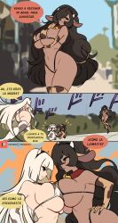 2girls breast_docking breasts cow_girl cow_horns cow_print cow_print_bikini cow_tail cowbell dark-skinned_female dark_skin docking elbow_gloves high_waisted_panties high_waisted_thong long_hair nemumajo pale-skinned_female pale_skin tagme