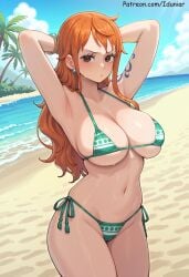 ai_generated armpits arms_behind_head arms_up bangs beach bikini blue_sky blush bracelet breasts brown_eyes cleavage closed_mouth cloud cowboy_shot day earrings female female_only green_bikini iduniar jewelry large_breasts long_hair looking_at_viewer nami_(one_piece) navel ocean one_piece orange_hair outdoors side-tie_bikini_bottom sky solo swimsuit tattoo thighs tree