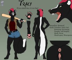 2026 4_toes 5_fingers anthro anus artist_logo ass barefoot baseball_bat bat_(object) belt biped black_belt black_body black_ears black_fur black_tail black_text blue_bottomwear blue_clothing blue_shorts bottomwear breasts brown_clothing brown_topwear brown_vest claws clitoris clothed clothed_anthro clothed_female clothing denim denim_bottomwear denim_clothing denim_shorts digitigrade english_text eyebrows fangs feet female female_anthro fingerpads fingers fluffy fluffy_tail fur gaping gaping_vagina genitals green_claws green_eyes grey_background grey_nose hair hi_res holding_baseball_bat humanoid_genitalia humanoid_vulva logo lycadio mammal medium_breasts mephitid model_sheet mohawk mouth_closed multicolored_body multicolored_fur nude nude_anthro nude_female open_clothing open_mouth open_topwear open_vest pawpads paws pink_anus pink_hair pink_pawpads pink_tongue pupils red_clothing red_shirt red_tank_top red_topwear shirt short_hair shorts simple_background skunk snout solo standing stated_sexuality striped_skunk tail tank_top teeth text toe_claws toes tongue topwear tracy_(lycadio) two_tone_body two_tone_fur two_tone_tail urethra vest vulva white_body white_eyebrows white_fur white_inner_ear white_tail