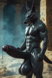 3d abs ai_generated anthro anthro_only anubian_jackal anubis balls big_glans canine closed_eyes drooling egyptian egyptian_mythology furry furry_only furrypornaddiction glans hand_on_penis huge_balls huge_cock hyper hyper_penis jackal masturbating masturbation monster muscular muscular_male nipples penile_masturbation penis precum saliva sharp_teeth solo solo_anthro solo_male teeth