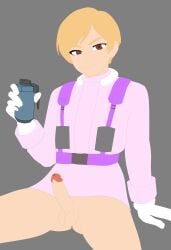 ballsack blonde_hair brown_eyes edit edited erection femboy grenade male_focus millitary penis pink_uniform short_hair simple_background sitting smirk the_thing traced traced_art video_game white_gloves