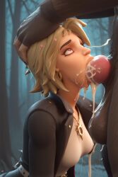 3d ai_generated anthro anthro_dominating_human anthro_penetrating anthro_penetrating_human balls big_balls blowjob canid canine canine_on_human canine_penis clothed clothing cum cum_dripping_from_mouth cum_in_mouth cum_in_throat deepthroat dominant_anthro eyeliner eyes_rolling_back face_fucking fellatio female forest fortnite grabbing_head human human_female human_penetrated joni_(fortnite) knot knotted_penis male male_anthro/female_human mascara on_knees oral outdoors penis saggy_balls shindhas submissive_human thick_thighs werewolf winged_eyeliner