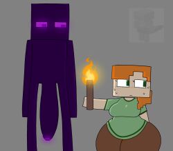 1boy alex_(minecraft) big_penis big_thighs black_body breasts enderman female glowing glowing_eyes glowing_penis height_difference holding_object light-skinned_female long_penis male microsoft minecraft mojang mrpotato123_ penis simple_background size_difference tagme taller_male torch