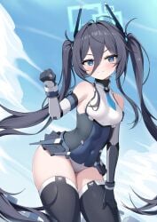 1girl arisu_(blue_archive) blue_archive blue_eyes halo long_hair necktie robot_girl sky solo thick_thighs thighhighs