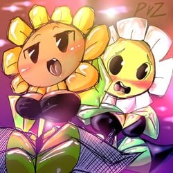 1:1 2girls big_breasts black_eyes blush blushing breasts darker female female_only huge_breasts humanoid large_breasts marigold_(pvz) open_mouth plant plantie plants_vs_zombies sunflower sunflower_(pvz) teeth tongue video_games worried