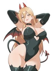 1girls :p arm_belt armpits arms_up bare_shoulders belt big_breasts black_clothing black_elbow_gloves black_legwear black_leotard blonde_female blonde_hair blush blushing_at_viewer blushing_female busty busty_female chainsaw_man choker cleavage demon_tail demon_wings devil_horns devil_tail elbow_gloves female female_focus female_only front_view grin grinning grinning_at_viewer hands_behind_head heart_cutout heart_symbol hi_res high_quality high_resolution highleg highleg_leotard highres horns human large_breasts legwear light-skinned_female light_skin long_hair looking_at_viewer navel navel_visible_through_clothes neckwear oerba_yun_fang pale-skinned_female pale_skin pose posing posing_for_the_viewer power_(chainsaw_man) sharp_teeth shiny_breasts shiny_clothes shiny_hair shiny_skin simple_background skimpy skimpy_clothes skintight slim_waist smile smiling smiling_at_viewer smirk smirking smirking_at_viewer solo solo_female solo_focus strapless strapless_leotard thick_hips thick_legs thick_thighs thighhighs tight_clothing tight_fit tight_leggings tight_legwear tongue_out vizaz wide_hips wide_thighs wings yellow_eyes