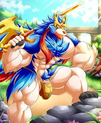 1boy abs absurd_res anthro anthrofied bara big_penis big_testicles blue_fur bulge canine clothing daikitei day detailed_background flaccid front_view furry grass hi_res huge_penis large_penis large_testicles legendary_pokémon male male_only mammal muscular muscular_male nintendo nipples outdoors pecs penis pokémon_(species) pokemon pokemon_ss pubic_hair red_fur rock solo spread_legs standing sword thong topless underwear veins veiny_penis video_games weapon white_fur zacian