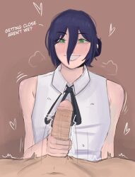 azazelinp big_eyes chainsaw_man clothed edging fast_handjob green_eyes handjob heart_symbol loving_it purple_hair reze_(chainsaw_man) sketch smile_at_viewer smiling smirking teasing tied_hair