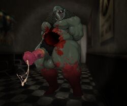 1male abandoned_building ai_assisted ai_generated arms_behind_back bara blood creepy cum edit fallen_meatboulder_(st_tdau) green_hair grey_body grey_fur horror horror_game horse_penis horsecock male_only photoshop pubic_hair slendytubbies st_tdau teletubbies thick_thighs voluptuous voluptuous_male