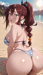 1girl 1girls :o absurd_res absurdres ai_generated ass ass_focus back bare_shoulders beach big_ass big_breasts bikini blue_bikini blurred_background blurry blurry_background blush braid braided_ponytail breasts brown_hair cartoon cartoony day depth_of_field female female_focus from_behind green_eyes hair_between_eyes hair_ornament halterneck hi_res high_quality high_resolution highleg highres huge_ass large_ass large_breasts long_hair looking_at_viewer looking_back ocean odexai open_mouth outdoors patreon ponytail re:zero re:zero_kara_hajimeru_isekai_seikatsu sand shaula_(re:zero) shiny_skin sideboob sky small_waist solo solo_focus straight string_bikini striped_bikini striped_clothes sun surprised sweat swimsuit thick_thighs thighs thin_waist thong thong_bikini wet wide_hips