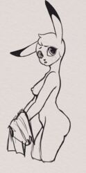 1girls anthro anthrofied areola ass big_ears big_eyes black_and_white breasts eye_contact eyelashes furry long_ears looking_at_viewer monochrome nintendo nipples original_character peachkuns pikachu pokémon_(species) pokemon pokemon_rgby pose rodent shirt side_view sideboob sketch small_breasts source_request standing undressing wide_hips