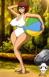 1girls alternate_breast_size armpits beach_ball breasts camp_scare edit eye_contact female female_only glasses half-closed_eyes hand_on_head hanna-barbera huge_breasts looking_at_viewer nerota nipple_bulge nude nude_edit nude_female nude_filter one-piece_swimsuit photoshop pokies pose scooby-doo scooby-doo!_camp_scare screen screen_capture screen_face screencap screenshot screenshot_edit solo source_request swimsuit text thick_thighs third-party_edit velma_dinkley watermark wide_hips