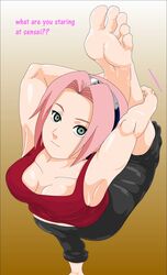 1girls armpits athletic bad_anatomy bare_calves bare_shoulders barefoot blue_eyes breasts busty calves cleavage feet feet_above_head female female_focus female_only flexible flexing foot_above_head hourglass_figure large_breasts naruto naruto_(classic) naruto_shippuden pink_hair sakura_haruno short_hair soles solo spaceman6331 splits standing standing_on_one_leg stretching tagme tank_top toes yoga_pants