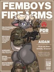 3:4 anthro ass backpack balls big_balls big_butt big_penis bovid bubble_butt camo caprine clothed clothing cover emanata english_text erection eyewear femboy femboys_and_firearms fingerless_gloves genitals gesture glasses glistening glistening_butt gloves gun hand_gesture handwear hi_res horn humanoid_genitalia humanoid_penis legwear magazine_cover male mammal marcus_gray penis purple_eyes qr_code ranged_weapon round_glasses scut_tail sheep short_tail skimpy solo submachine_gun tail text thigh_highs v_sign weapon