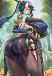 ai_generated ass black_hair bodysuit butt cleavage cloud_retainer_(genshin_impact) curvy erect_nipples female fringe genshin_impact glasses green_eyes green_hair green_lipstick hand_on_ass hi_res hoyoverse large_breasts light_skin lipstick mature_female mihoyo nipples_visible_through_clothing outside phantomtobi ponytail pose side_view voluptuous xianyun_(genshin_impact) younger_female
