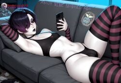 1boy ai_generated balls bikini bikini_bottom bikini_top black_hair black_lip black_lips black_lipstick bored bored_expression bra brown_eyes bulge bulge_through_clothing bulge_under_clothes choker comic comic_page comic_panel crossdressing ear_piercing earrings eng english english_commentary english_description english_dialogue english_language english_subtitles english_text femboy flat_chest gay gay_male gloves goth goth_girl gothic hair_over_one_eye high_resolution highres ilfb looking_away medium_hair more_at_source night original original_character otoko_no_ko panties pantyhose phone purple_hair request requested short_hair sissy sissyfication small_breasts solo solo_focus solo_male testicles thigh_highs thighhighs thighs trans trans_woman trap window