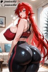 1girls ahoge ai_generated alternate_breast_size alternate_costume anime artist_name ass ass_focus back bangs bare_shoulders black_pants blue_eyes blush bra breasts clothing couch covered_nipples crossed_bangs curtains curvy female female_only from_behind hair_between_eyes hair_intakes high_school_dxd huge_ass huge_breasts huge_nipples indoors jennieart02 large_breasts light-skinned_female lips long_hair looking_back on_couch open_mouth pants patreon patreon_logo patreon_username puffy_nipples red_hair red_sports_bra rias_gremory solo sports_bra sportswear standing sweat thick_thighs thighs tight_clothes tight_pants twitter twitter_username underwear very_long_hair watermark wet window yoga_pants