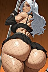 ai_generated animal_ear_fluff animal_ears ass ass_bigger_than_head ass_focus back bangs bare_shoulders black_bra black_gloves black_skirt bra breasts choker dark-skinned_female dark_skin elbow_gloves female fingerless_gloves fishnet_pantyhose fishnets from_behind gloves hair_between_eyes huge_ass large_breasts long_eyelashes long_hair looking_at_viewer looking_back mirko muscular muscular_female pantyhose pleated_skirt rabbit_ears rabbit_girl red_eyes shiny skirt solo thick_thighs thighs underwear white_hair