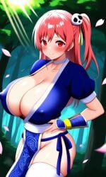 ai_generated big_sister cleavage cosplay dead_or_alive female forest honoka_(doa) huge_breasts kasumi_(doa) kasumi_(doa)_(cosplay) koei_tecmo long_hair nature no_bra no_panties no_underwear one_side_up onee-chan pink_hair pixai red_eyes revealing_clothes side_ponytail silf smile solo tagme tecmo thighhighs