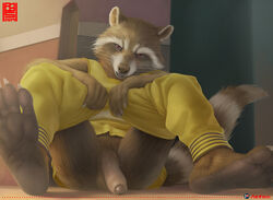 anhes anthro balls bottomless feet furry guardians_of_the_galaxy looking_at_viewer male male_only marvel penis rocket_raccoon sitting smile solo teeth testicles