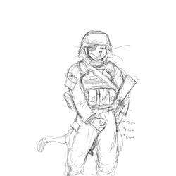 1:1 2019 anthro armor bucky_(hladilnik) clothing domestic_cat felid feline felis headgear helmet hi_res hladilnik male male_only mammal masturbation military penis simple_background solo unprofessional_behavior weapon