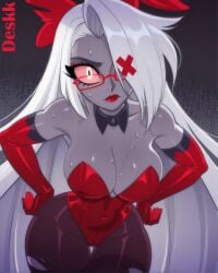 1girls ai_generated angel angel_girl artist_name big_breasts breasts bunnysuit cameltoe colored_sclera colored_skin curvy curvy_figure deskk eye_patch female femdom fingers glasses gloves grey_body hair hair_over_one_eye hands_on_hips hazbin_hotel hi_res light-skinned_male long_hair looking_at_viewer red_bow red_gloves red_lipstick red_suit sexy smug stockings sweat thick_thighs thighhighs thin_waist vaggie_(hazbin_hotel) vivziepop white_hair wide_hips