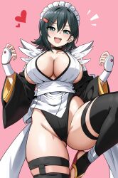 bandages black_hair blue_eyes breasts cleavage detached_sleeves female iroha_(samurai_spirits) large_breasts looking_at_viewer maid_headdress open_mouth samurai_spirits sideboob smile snk solo thighhighs
