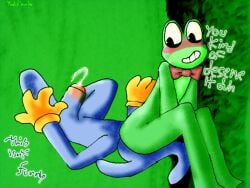 4:3 amphibian anthro aroused aroused_face aroused_smile asphyxiation ass awkward big_penis blush bodily_fluids bow_(feature) bow_tie bow_tie_only clothing cum digital_drawing_(artwork) digital_media_(artwork) duo ejaculation erection facesitting female frog genital_fluids genitals glitch_productions gloves gloves_only green_background green_body handwear handwear_only happy humanoid humanoid_genitalia humanoid_penis jax_(tadc) jax_(the_amazing_digital_circus) lagomorph leporid male male/female mammal mostly_nude nude penile penis photo_background photo_manipulation photography_(artwork) purple_body rabbit ribbit_(tadc) ribbit_(the_amazing_digital_circus) shaded simple_background sitting sitting_on_another smile text the_amazing_digital_circus yoshreveluv