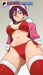 2026 ai_generated anime artist_name ass_visible_through_thighs bell big_breasts big_chest bikini black_choker breast breasts bust busty chest choker christmas christmas_tree dispatch_(game) electroworld female from_below fur-trimmed_headwear fur-trimmed_jacket fur-trimmed_legwear fur-trimmed_sleeves fur_trim gradient gradient_background hat hi_res high_quality high_resolution highres holly invisigal jacket large_breasts looking_at_viewer looking_down merry_christmas navel patreon patreon_username pom_pom_(clothes) purple_eyes purple_hair red_bikini red_legwear red_panties reindeer_antlers sack santa_bikini santa_boots santa_costume santa_dress santa_hat side-tie_bikini side-tie_panties smile solo stable_diffusion swimsuit thick_thighs thighhighs thighs watermark