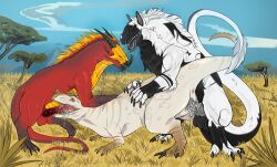 absurd_res allosaurid allosauroid allosaurus anus balls bodily_fluids cum cum_in_mouth cum_in_vagina cum_inside dinosaur dragon english_text felkin female feral feral_on_feral from_behind_position genital_fluids genitals group hi_res licking looking_pleasured male male/female mythological_creature mythological_scalie mythology oral penetration penile penis penis_lick prehistoric_species reptile saliva saurischian scalie sex text theropod tongue trio vaginal_penetration verger yoghurt_irisiriska