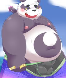 2019 alp_(tokyo_afterschool_summoners) anthro bake_gosut belly blush bottomwear bulge clothing fur giant_panda hi_res humanoid_hands male male_only mammal moobs nipples overweight overweight_male pubes purple_fur shorts solo tokyo_afterschool_summoners underwear undressing ursid video_games