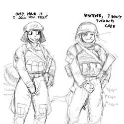 1:1 2019 anthro armor bucky_(hladilnik) canid canine canis clothing dialogue domestic_cat domestic_dog duo english_text felid feline felis female headgear helmet hi_res hladilnik male mammal masturbation military samantha_thott simple_background text