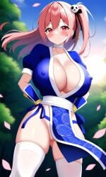 ai_generated big_sister cleavage cosplay dead_or_alive female forest honoka_(doa) huge_breasts kasumi_(doa) kasumi_(doa)_(cosplay) koei_tecmo long_hair nature no_bra no_panties no_underwear one_side_up onee-chan pink_hair pixai red_eyes revealing_clothes side_ponytail silf smile solo tagme tecmo thighhighs